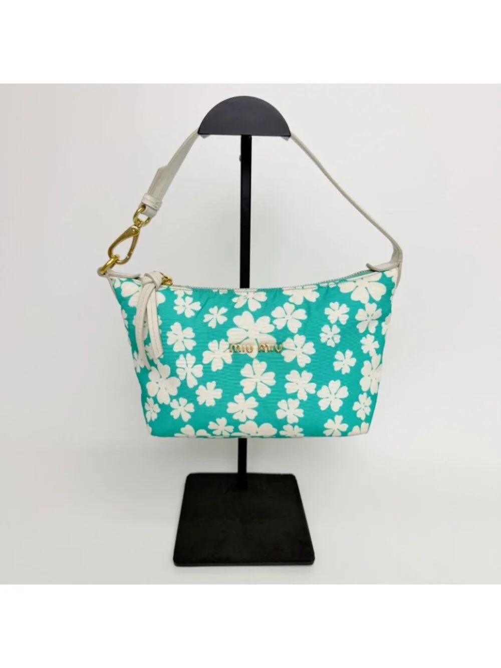 Miu Miu Flower Print Re-Nylon Mini Hobo Handbag Leather Green White Gold Vintage